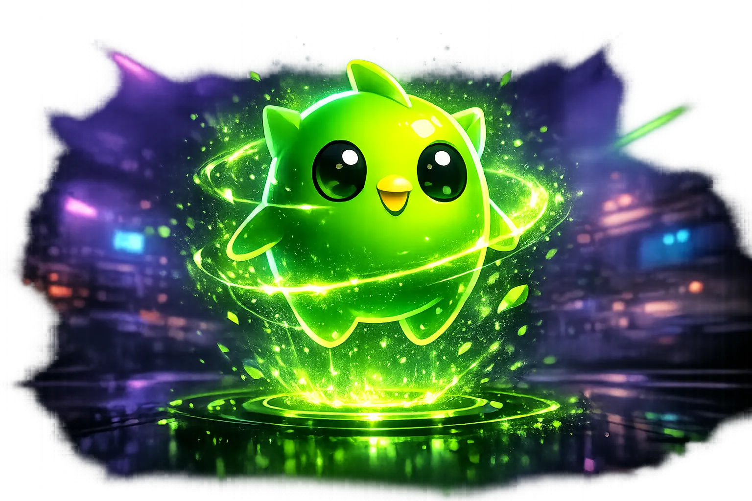 Glowing neon BCGame crypto coin levitating mid-air with vivid purple and cyan light particles on dark background